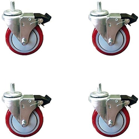 Casterhq 5" Total Lock Caster, Red Polyurethane Wheel, 1/2"-13x1.5" Thr, PK4 HD5050-22-PLY-CB-TG-TL